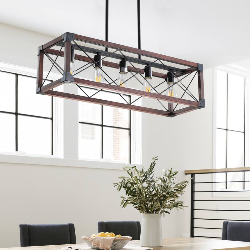Chandelier Ceiling Lighting with Rectangular Solid Wood Frame, Living Room Hanging Light with Adjustable Height, Red Black