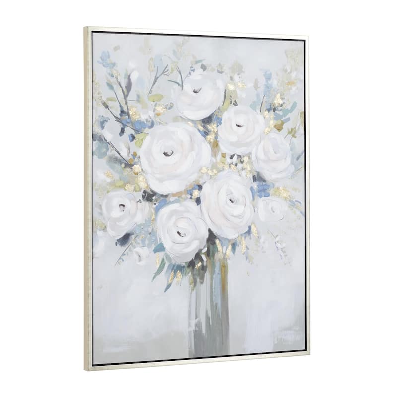 Canvas Floral Bouquet Framed Wall Art with Silver Frame - White - Roche River Decor