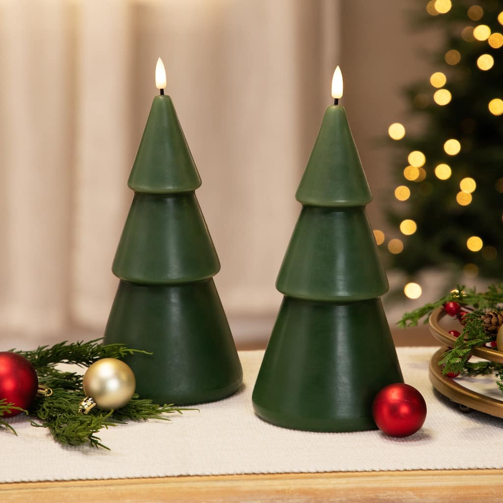 Flameless LED Flickering Christmas Tree Wax Candles - 10.5" - Green - Set of 2