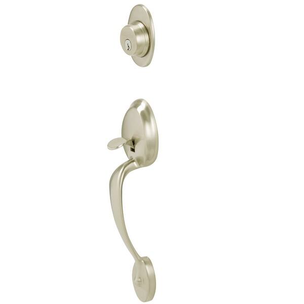 slide 2 of 9, Schlage Plymouth Right Hand Double Cylinder Handleset with Accent Satin Nickel
