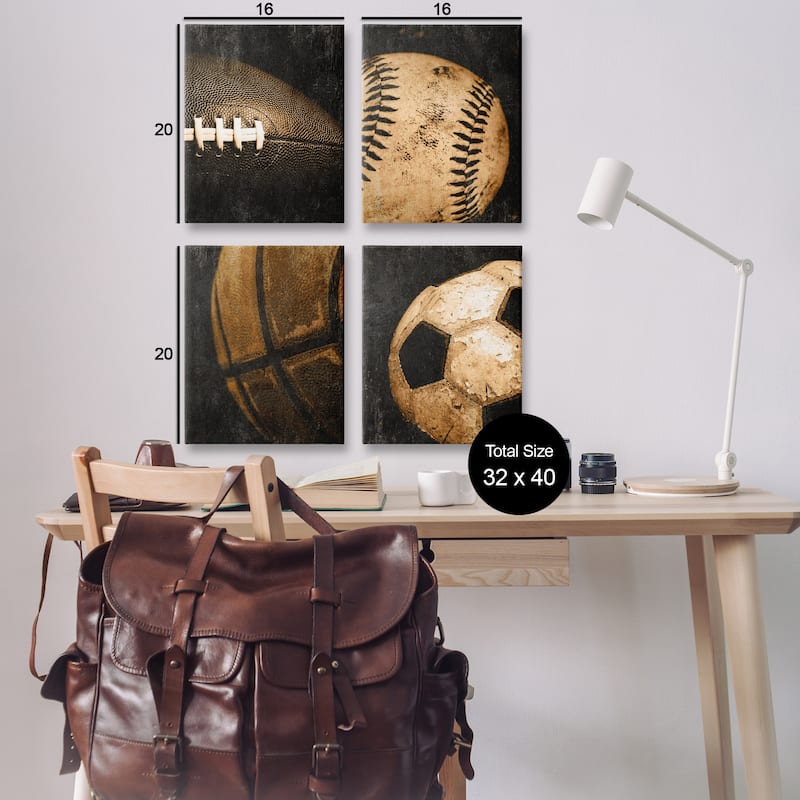 Stupell Distressed Vintage Sports Balls Canvas Wall Art Design By Kim Allen (Set of 4)