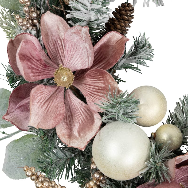 Pink Floral Ornament Frosted Pine Artificial Christmas Wreath 24-Inch