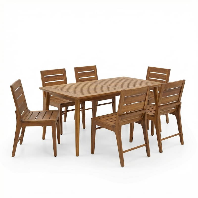 Christopher Knight Home - 7-Piece Acacia Wood Outdoor Dining Table Set with Slatted Dining Chairs