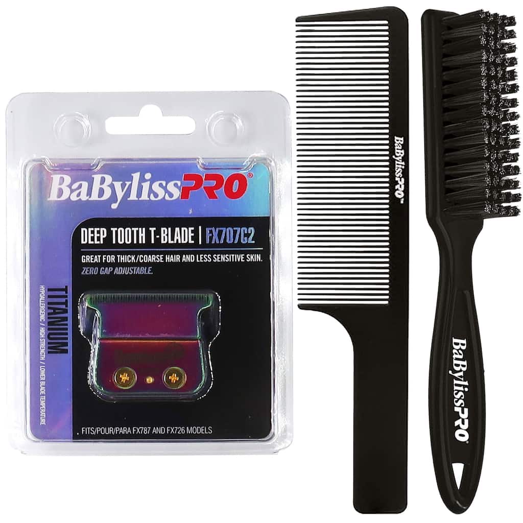 BaByliss Pro ChameleonFX Replacement Titanium Deep Tooth T-Blade #FX707C2 + Fade Brush BPFADEB + 9" Clipper Comb