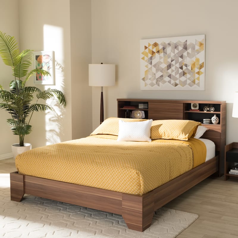 Two-Tone Walnut and Black Queen Platform Bed with Open Shelf Storage and Sliding Door Headboard