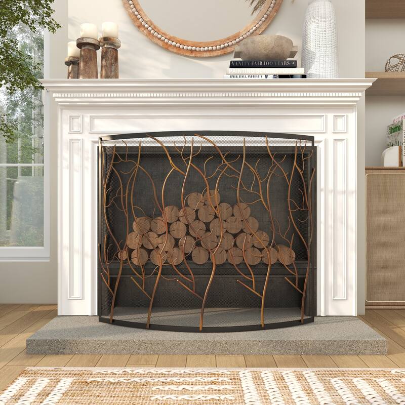 Brass Metal Branch Single Panel Tree Fireplace Screen with Mesh Netting