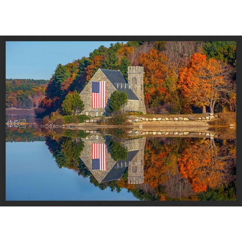 Patriotic Stone Church in The Fall Photography by Wayne Collamore Framed Poster - 24 x 36 Inch
