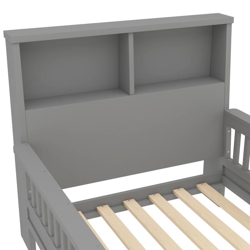 Pull Out Twin Size Platform Bed Converted into Baby Crib and Sofa with Storage Headboard and Removable Footboard