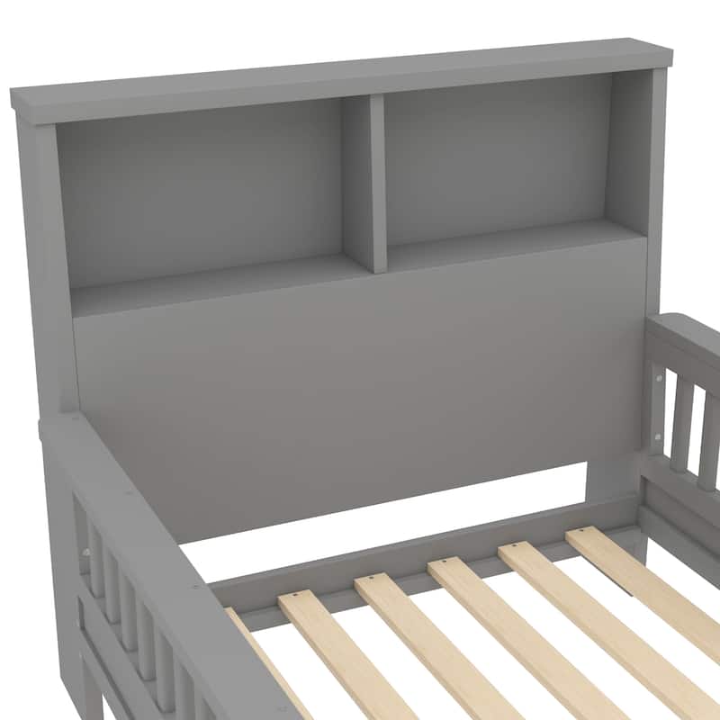 Twin Size Platform Bed with Storage Headboard, Pull-Out Design, High-Quality Safety Rails