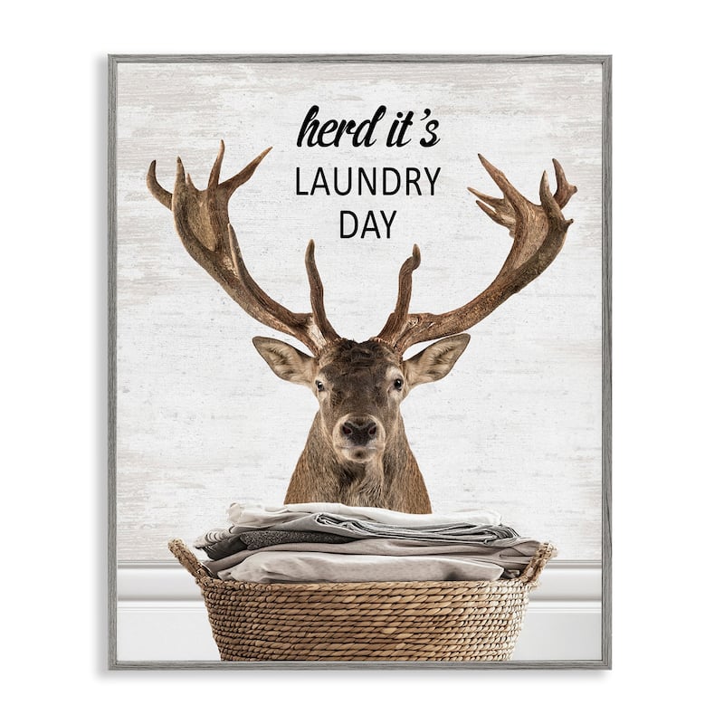 Stupell Herd It's Laundry Day Elk Framed Giclee Art Design By Lettered and Lined - 11 x 14 - Grey