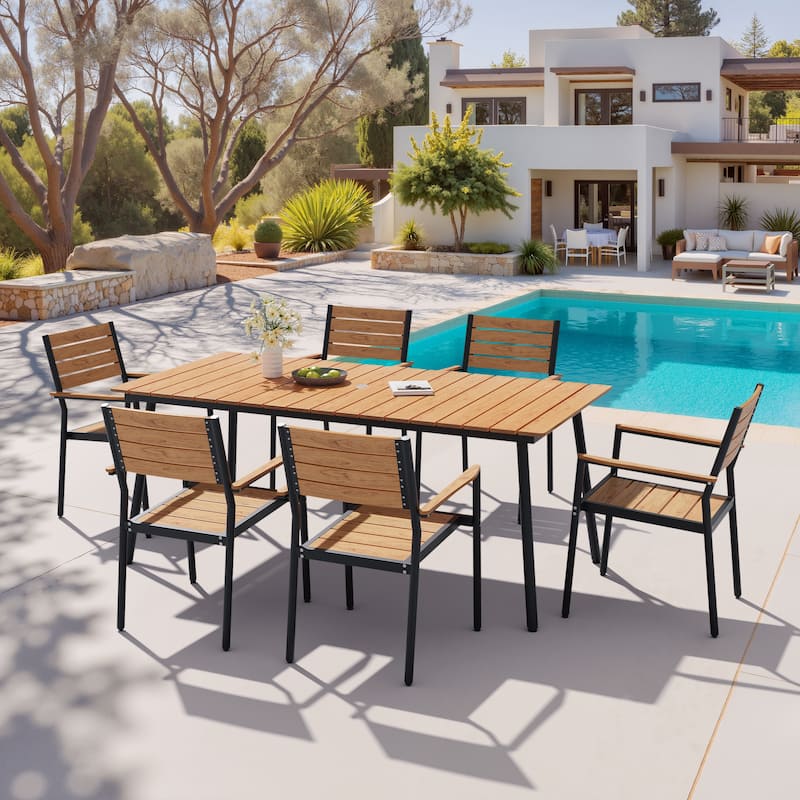 7/9-piece Outdoor Aluminum Rectangle Patio Dining Table with Umbrella Hole and Chairs
