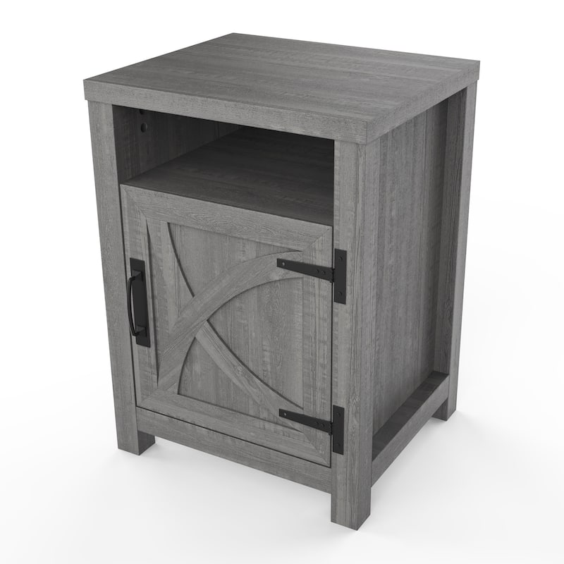 Farmhouse Barn Door Nightstand Bedside Table with Storage Open Compartment