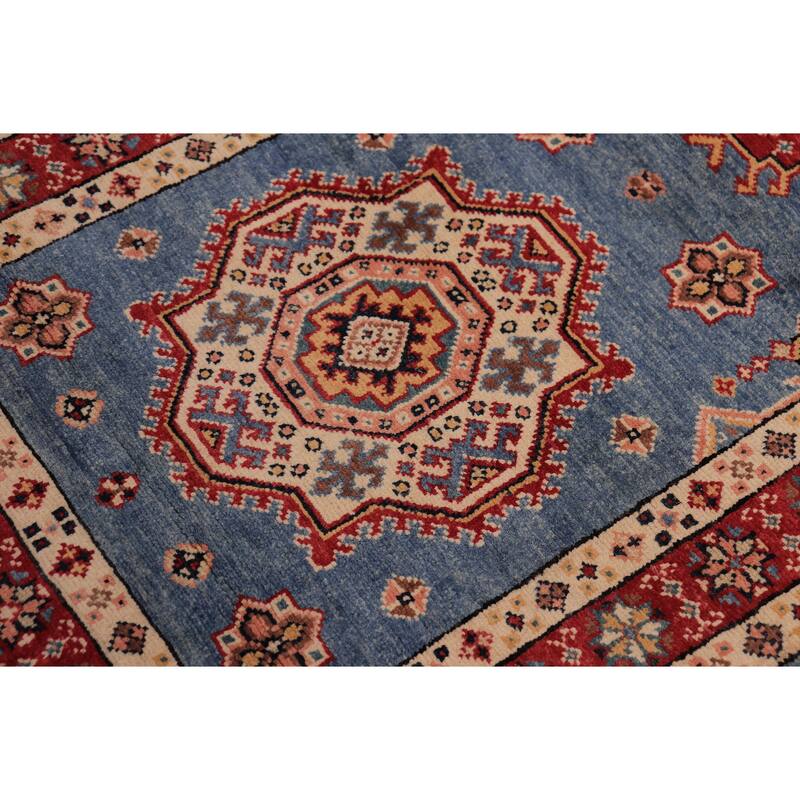 Southwestern Super Kazak Esme Light Blue/Red Hand Knotted Wool Runner - 2'5'' x 9'9''