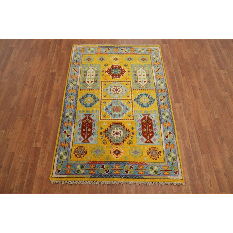 Hand-knotted Traditional Wool Yellow Geometric Oriental Area Rug - 5' 11'' X 4' 0''
