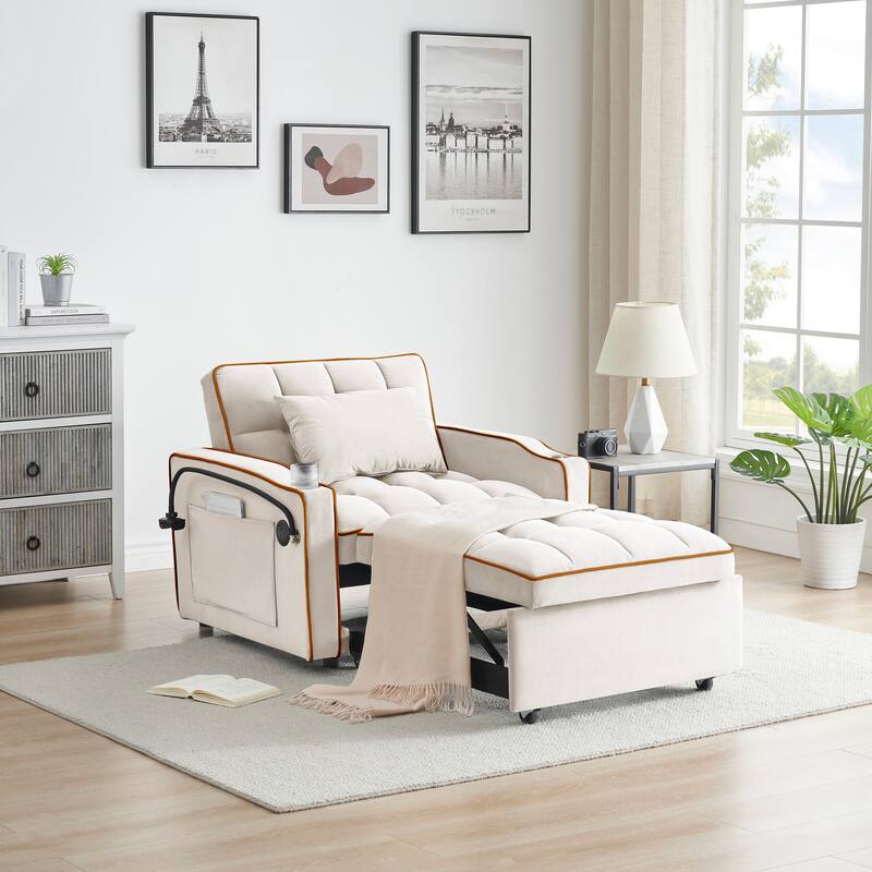 1 versatile foldable sofa bed in 3 lengths,velvet pull-out bed,adjustable back and with USB port,ashtray,swivel phone stand - Creamy White