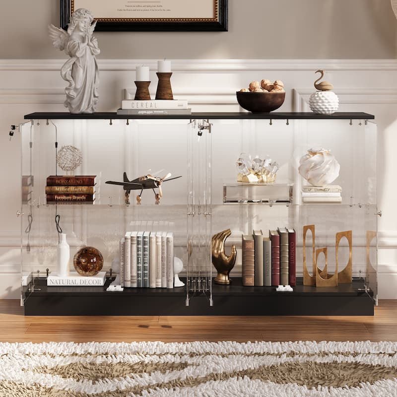 Black Bookcase Glass Display Cabinet with LED Lights, Modern Storage Showcase for Bags, Shoes, Liquor & Collectibles