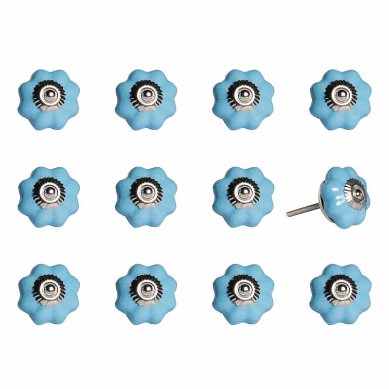Ceramic Floral Round Knobs Set with Silver Finish and Screw - 12 - Blue-Silver