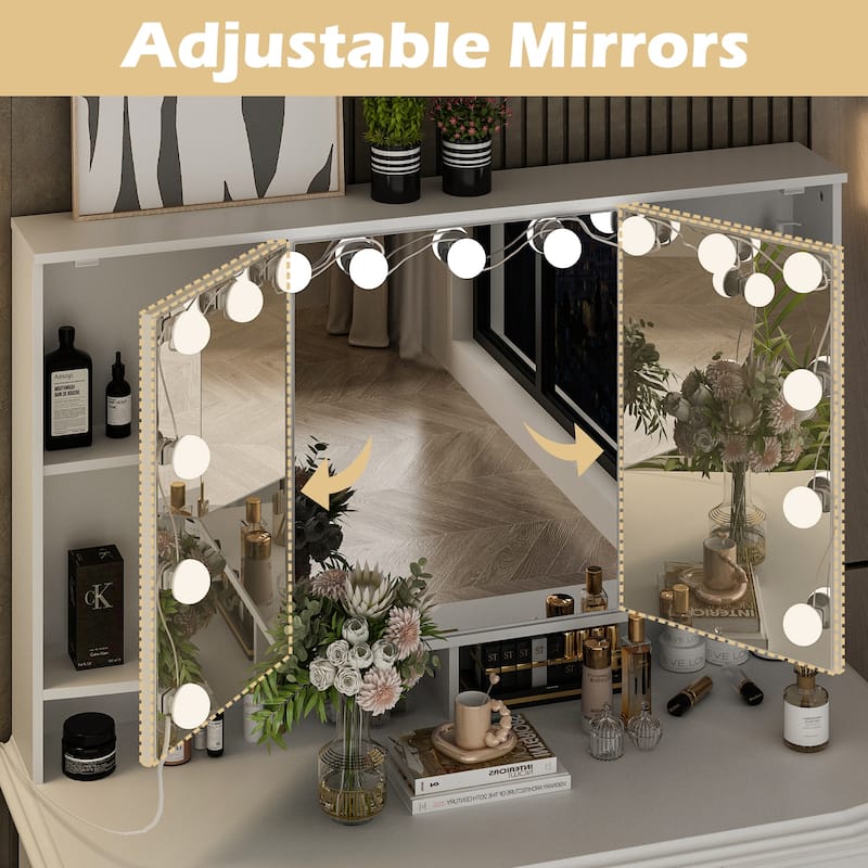 Contemporary Beauty Station - White Vanity Desk Makeup Vanity Dressing - 40.2"Wx54.1"H