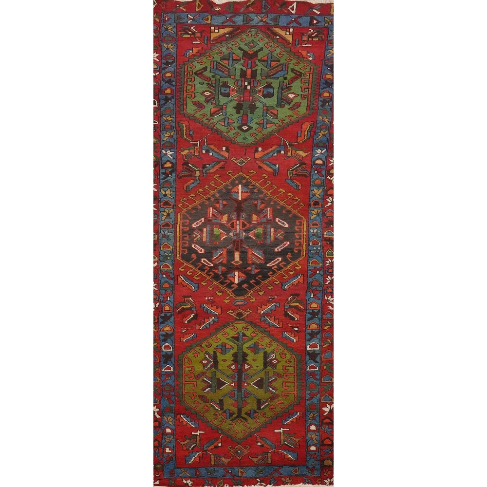 Hand Knotted Oriental 100% Wool Carpet Traditional Geometric Red Heriz Runner Rug - 10' 0'' X 2' 11''