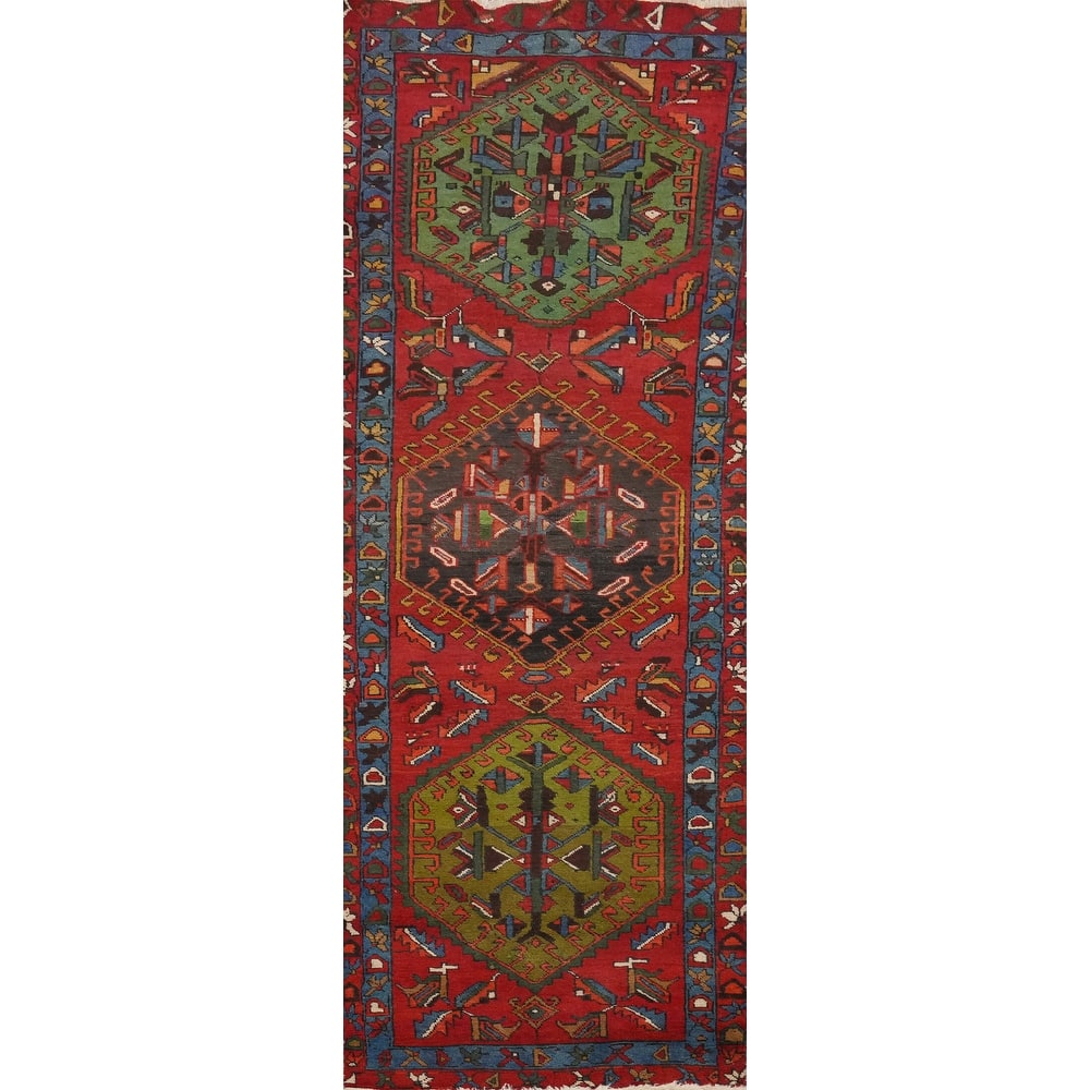 Hand Knotted Oriental 100% Wool Carpet Traditional Geometric Red Heriz Runner Rug - 10' 0'' X 2' 11''