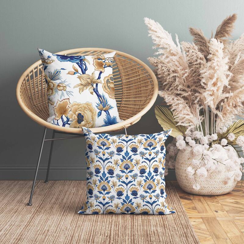 Vintage Bloom Indoor/Outdoor Reversible Throw Pillow Blue and Gold