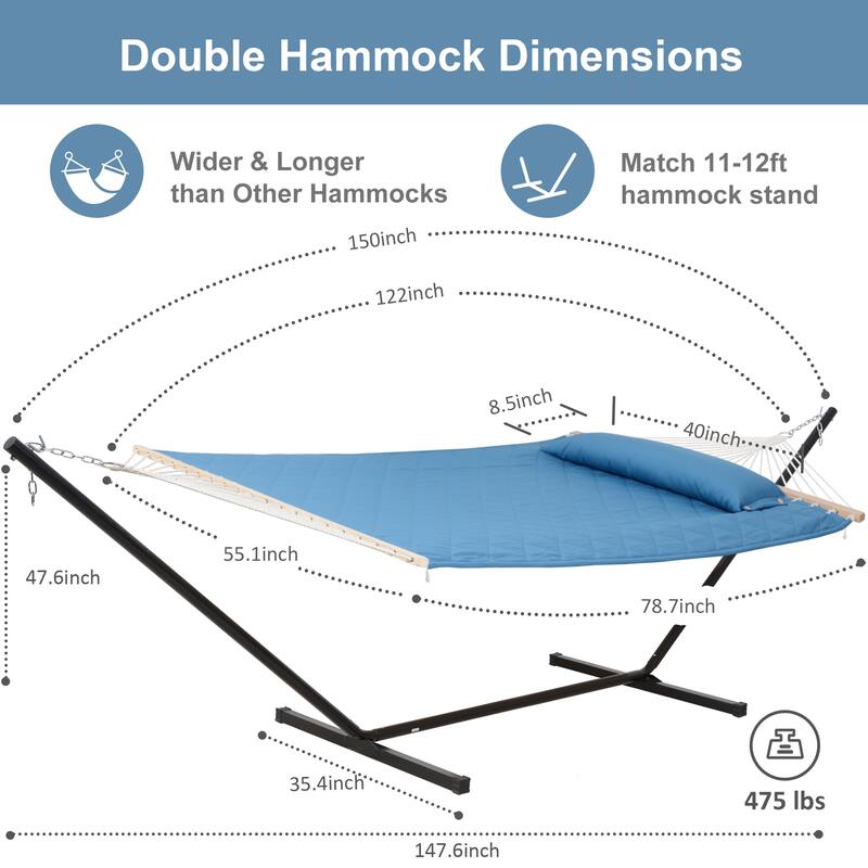 Double Hammock with 12 Feet Heavy Duty Steel Stand Combo, 2 Person Quilted Fabric Hammocks with Stand,450 LBS Weight Capacity