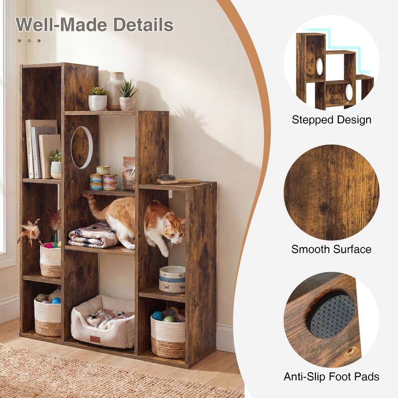 Gymax Modern Cat Bookshelf w/ 2 Round Holes Anti-Tipping Device for