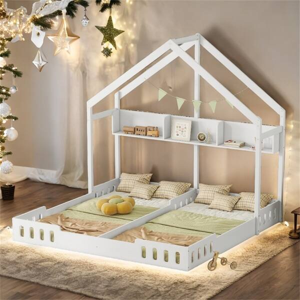 slide 2 of 24, Full and Twin Size L-Shaped Metal Bunk Bed with Slide and Short Ladder, White, 4 Beds in 1 for Family or Guests