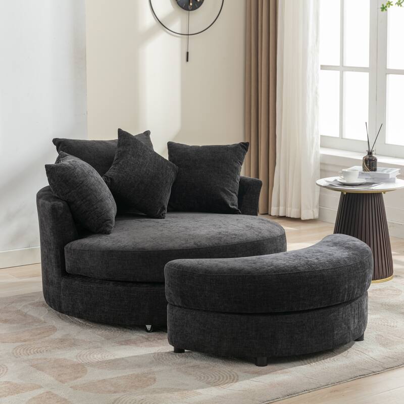 Roomfitters Modern 360° Swivel Barrel Chair with Hidden Storage Ottoman, Chenille Upholstery and Four Pillows