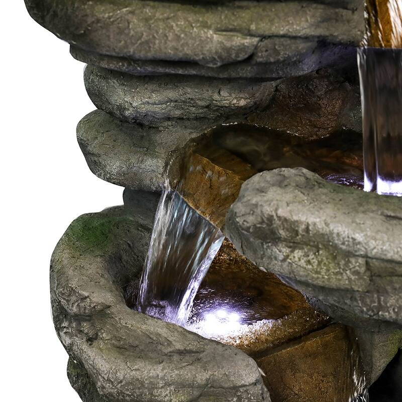 6-Tier Rock Water Fountain w/LED Lights - Waterfall Fountain for Patio