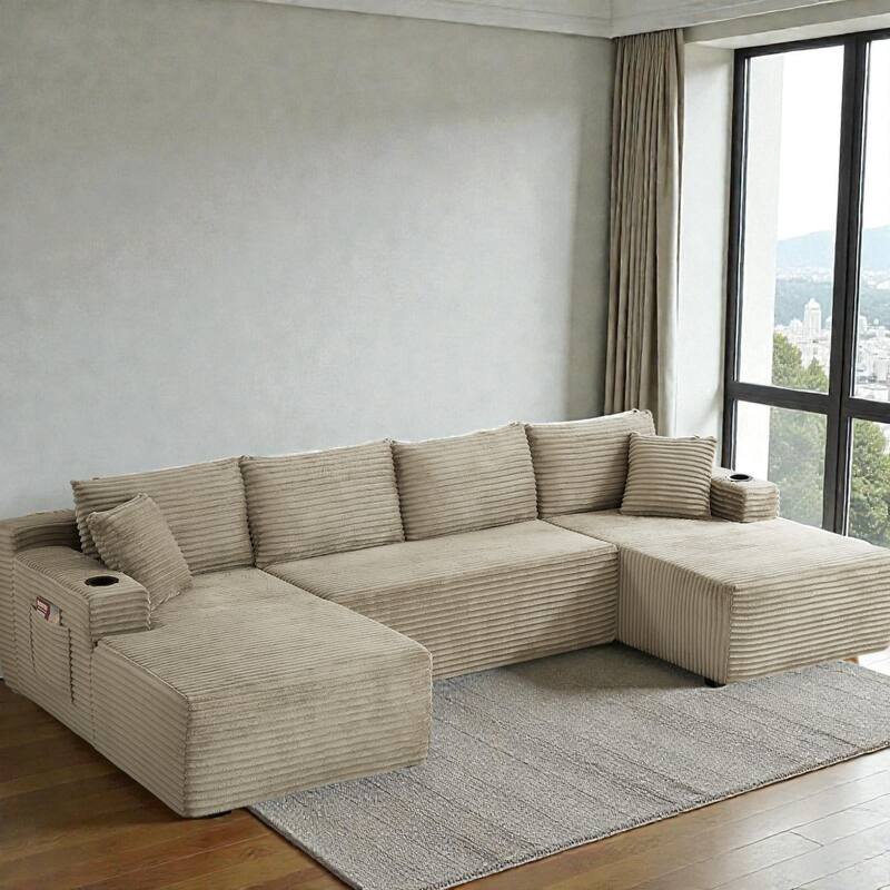 Compressible U-Shaped Modular Sectional Sofa, Corduroy Cloud Couch, 6-Seat Minimalist Living Room Sofa