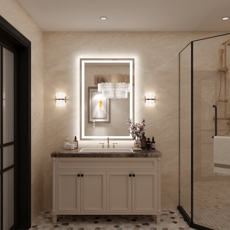 Frameless LED Front Light and Backlit 3 Colors Dimmable Anti-Fog Wall Bathroom Vanity Mirror