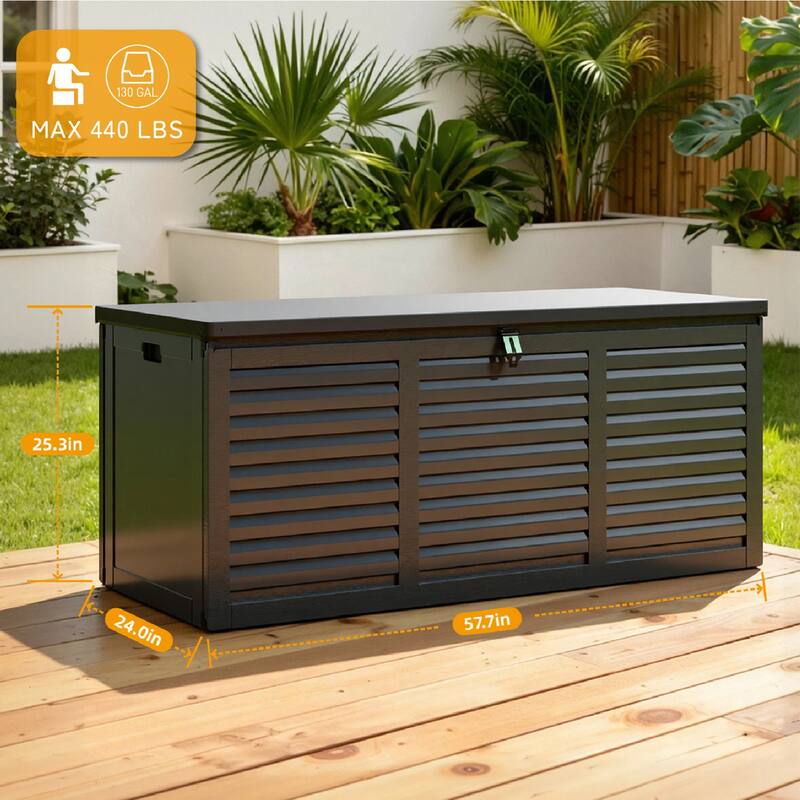 130 Gal. Upgraded Resin Deck Box, Outdoor Storage Box Waterproof with Hydraulic Rod and Side Handle, Lockable