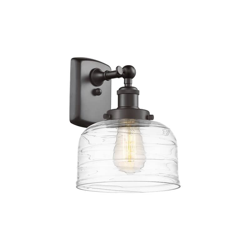 Innovations Lighting 916-1W-13-8 Bell Sconce Bell 13" Tall Wall Sconce - Oil Rubbed Bronze / Clear Deco Swirl