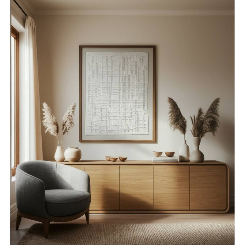Wood Fabric Framed Wall Art Abstract Texture Design Finish - 48" Ivory