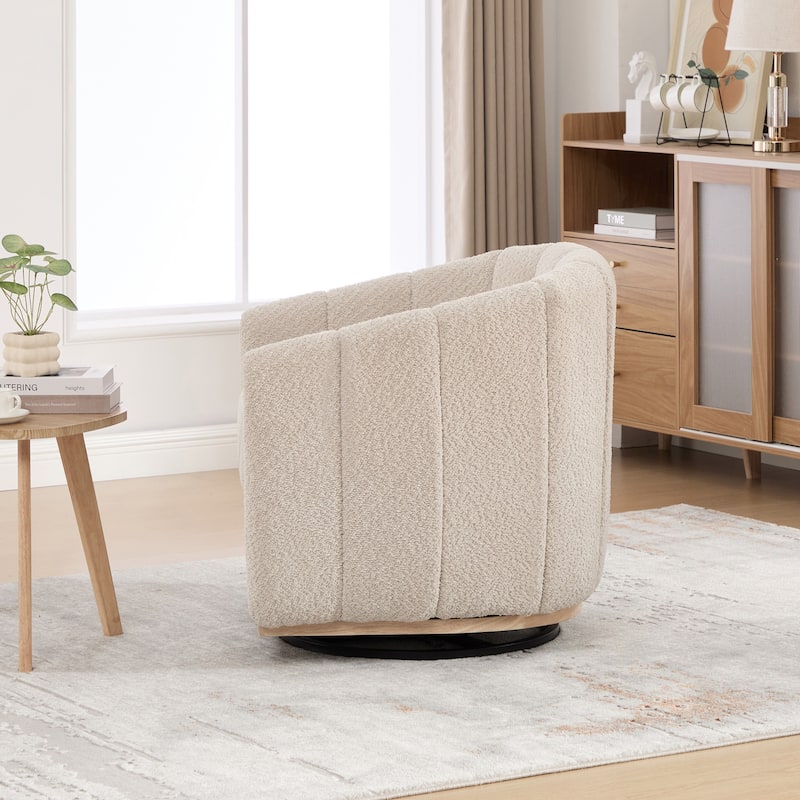 Chenille Upholstered Swivel Barrel Chair, Tufted Pumpkin-Shape Club Armchair, Lounge Reading Chair with Metal Base