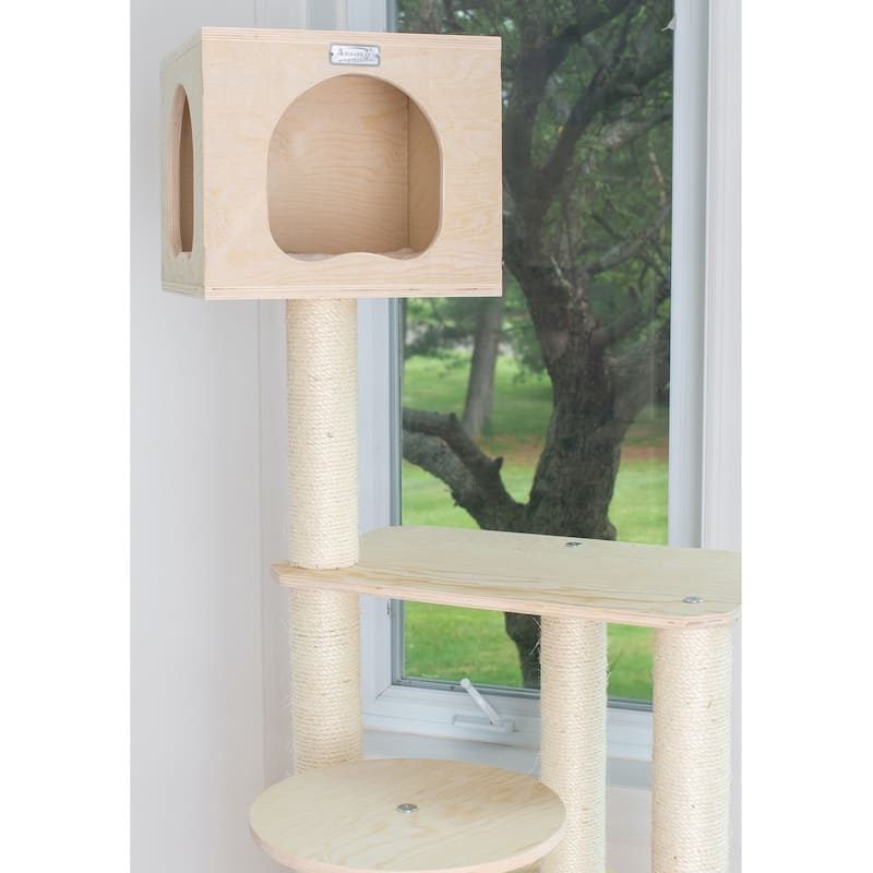 Real Wood Premium Scots Pine 69-Inch Cat Tree with Five Levels, Perch, Condo - Natural Beige