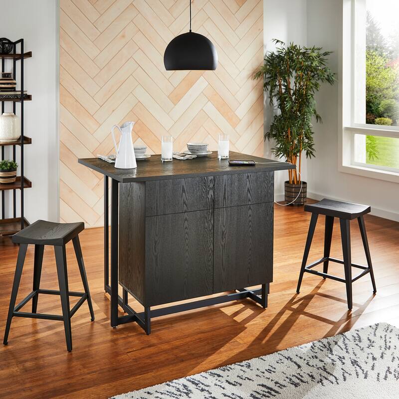 Oyala Black Finish 2-door Kitchen Island with Power and USB outlets and 2 Stools by iNSPIRE Q Modern