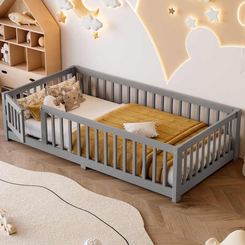 Twin Size Bed Floor Bed with Safety Guardrails and Door for Kids