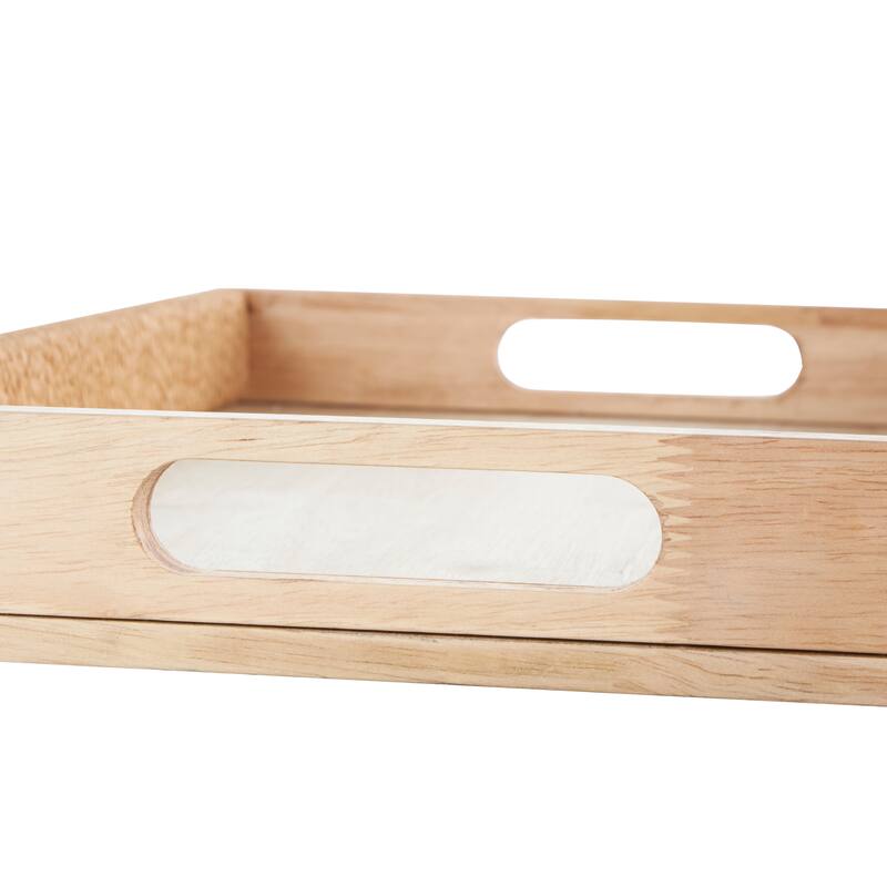 Light Brown Wood Handmade Living Room Decor Tray with Wrapped Rope Edges and Slit Handles (Set of 2)