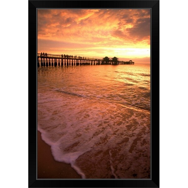 "Sunset by pier, Naples Beach, FL" Black Framed Print