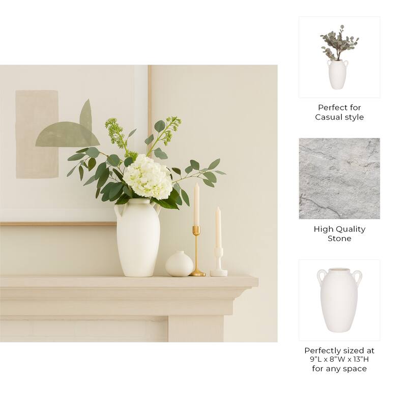 Neutral Ceramic Textured Amphora Jug with Handles Vase - White