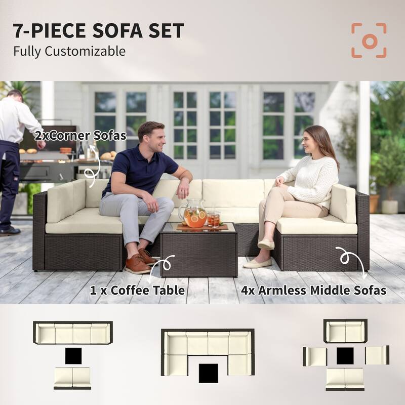 Outsunny 7 Piece Patio Furniture Set, Wicker Outdoor Sectional Sofa Set