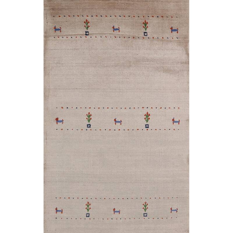 Tribal Gabbeh Indian Foyer Rug Handmade Beige Silk Carpet - 3'1"x 4'11"