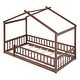 preview thumbnail 9 of 7, Walnut Twin Size Wood House Bed Frame with Roof and Fence