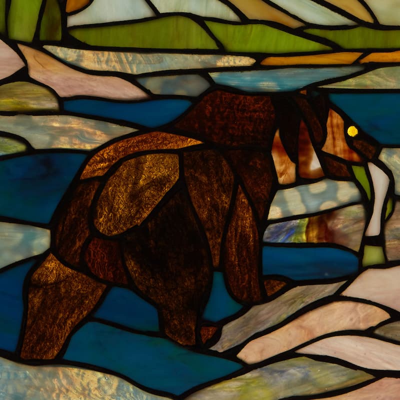 River of Goods Fishing Bear Scene River of Goods Stained Glass Window Panel - 12" x 0.25" x 14"