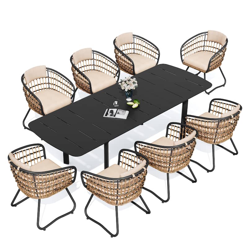 7/9PC Outdoor Aluminum Expandable Patio Dining Sets Extension Table with Rattan Chair
