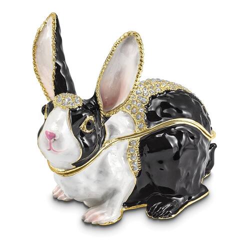 Curata Pewter Bejeweled Crystals Gold-Tone Enameled Luna Black White Bunny Trinket Box on 18 Inch Necklace