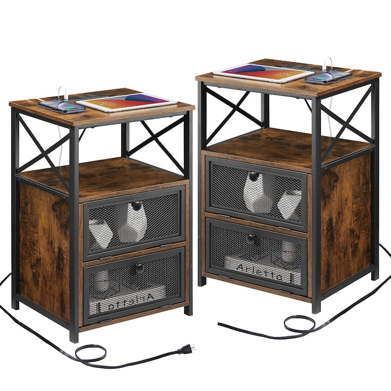 VECELO (Set of 2) Mid century Modern Nightstand with Charging Station and USB Port