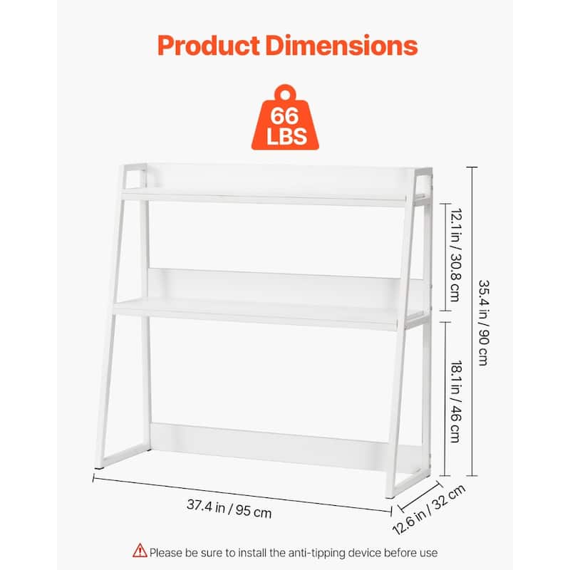 Particle Board Desktop Bookshelf Hutch, 2 Shelves, Anti-Slip Feet Pads - 37.4" L x 12.6" W x 35.4" H